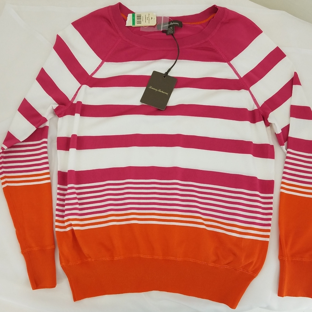 TOMMY BAHAMA orange and pink stripe lightweight sweater Sz Lg